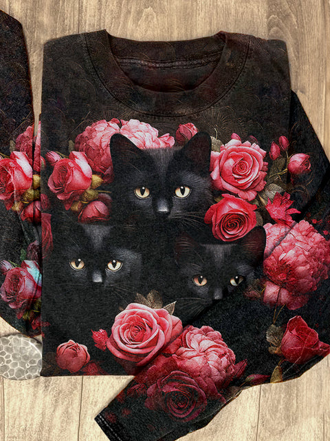 Unisex Cat Floral Art Print Casual T-Shirt