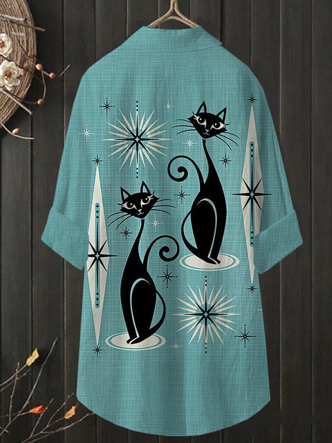 Women's Vintage Cat Art Print Casual Shirt Dress