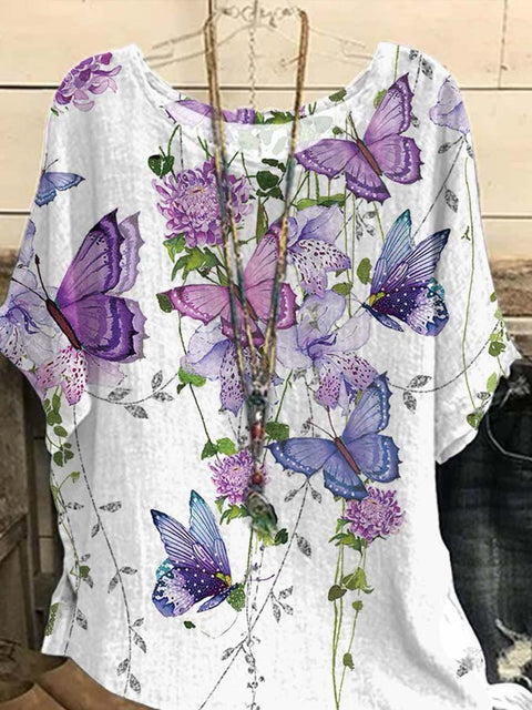 Women's Flowers Butterfly Art Print Casual Top