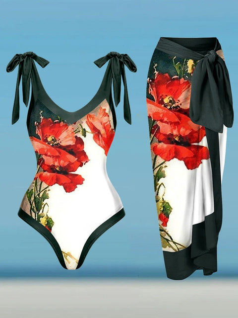 Women's Poppy Flower Art Vintage One-Piece Swimsuit Set