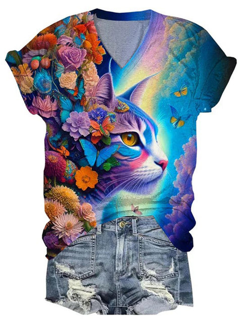 Fantasy Clouds Cat Butterfly Flower Retro Pattern Casual Print T-shirt