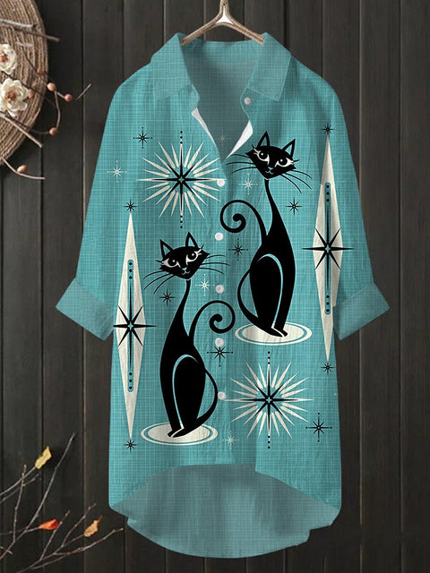 Women's Vintage Cat Art Print Casual Shirt Dress