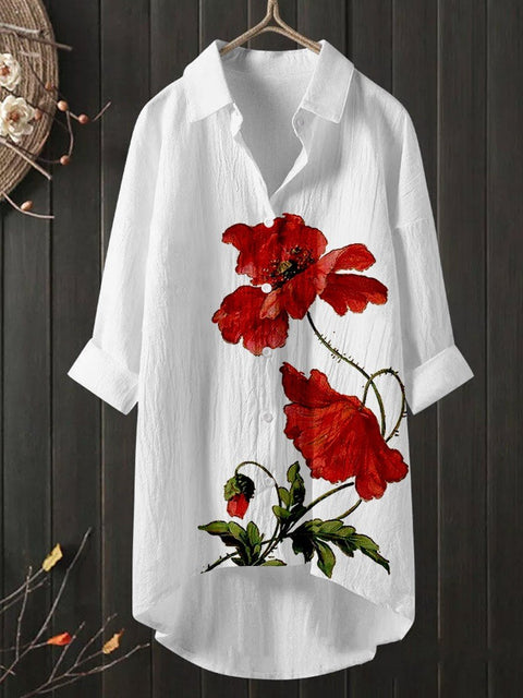 Women's Poppy Flower Floral Casual Shirt
