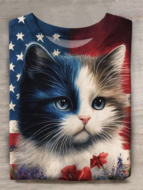 Retro American Flag Cat Flowers Retro Pattern Art Print T-shirt