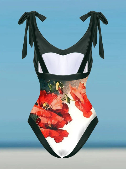 Women's Poppy Flower Art Vintage One-Piece Swimsuit Set